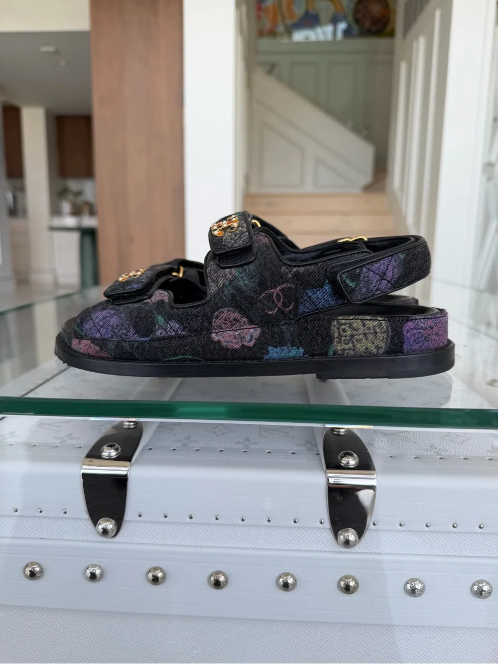 CHANEL 🖤 Interlocking CC Multicolor Denim Dad Sandals Sz 36
